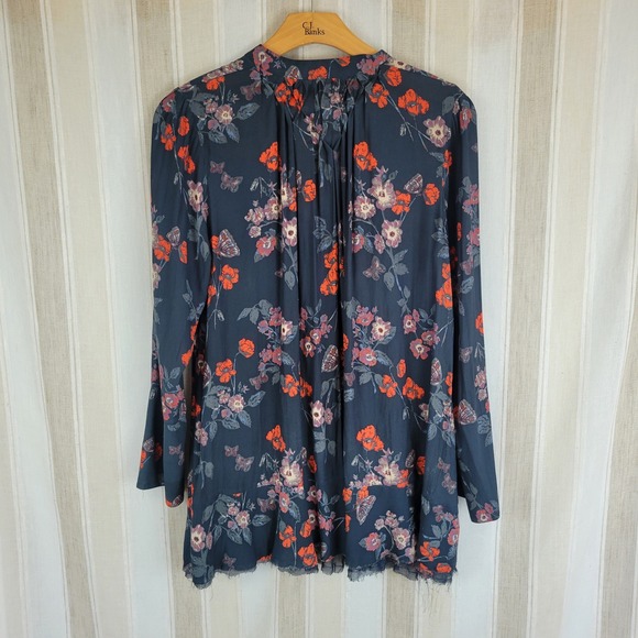 Free People Pebble Crepe So Fine Smocked Tunic Top Size Large Floral Blue Red - Picture 11 of 11